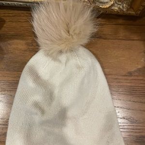 Cashmere white and cream beanie from Neiman Marcus with mink Pom Pom